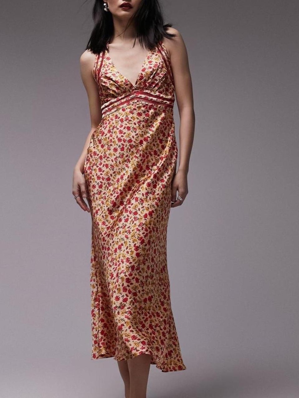 Topshop Red Floral Lace Trim Satin Halter Maxi Dress Size 14